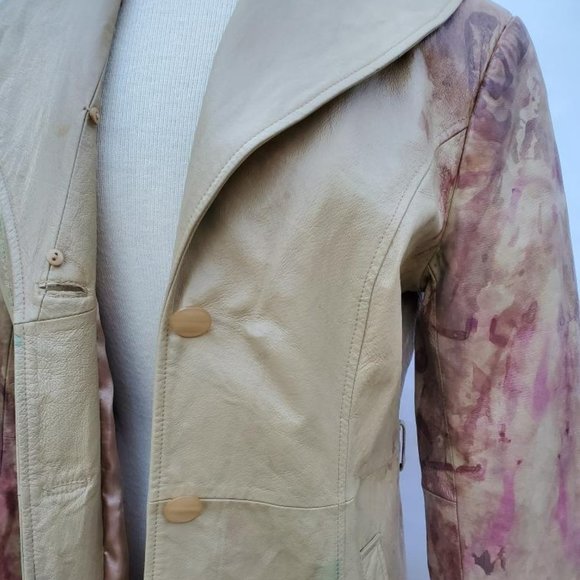 Vintage leather long trench jacket Coat gray beige tan brown 6 8 10 medium camo - Picture 7 of 13